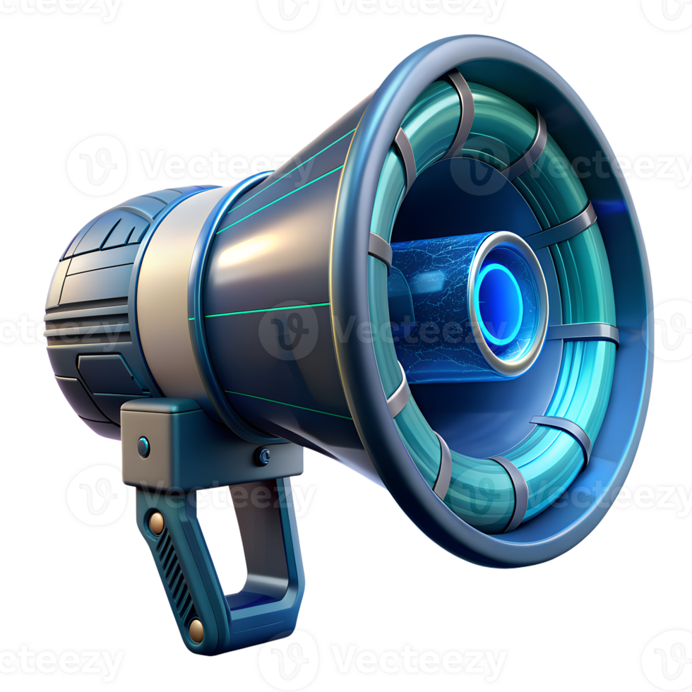 Futuristic blue and silver megaphone for technology and communication concepts, isolated on a white background. png