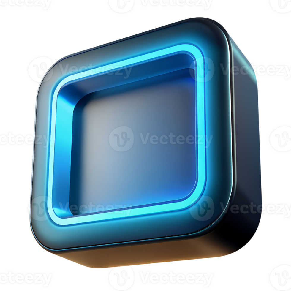 Futuristic blue glowing 3D icon with sleek black background, high tech symbol for technology and innovation concepts. png