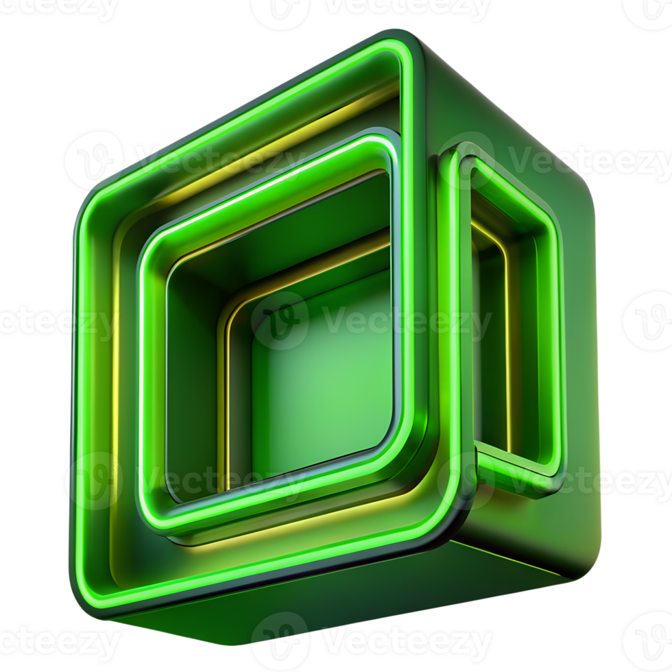 Futuristic 3D green glowing geometric shape with neon lights, perfect for modern design concepts and digital art backgrounds. png
