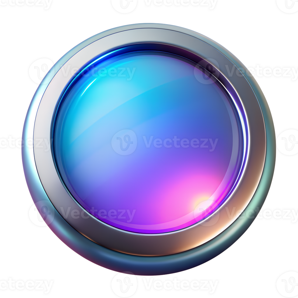Digital glossy round icon with a gradient blue and pink glow, encased in a metallic frame, perfect for apps or web design. png