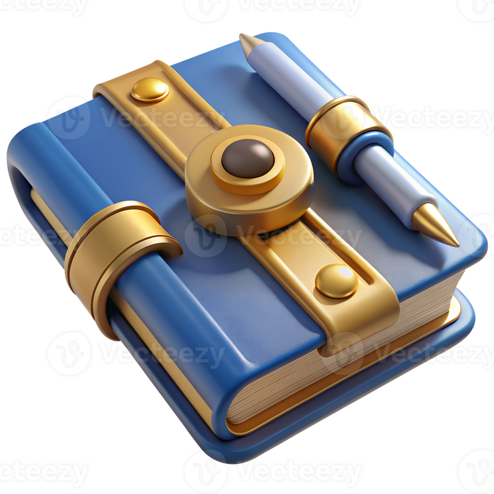 Elegant blue journal with golden clasp and attached pen, perfect for writing, sketching, and creative note-taking. png