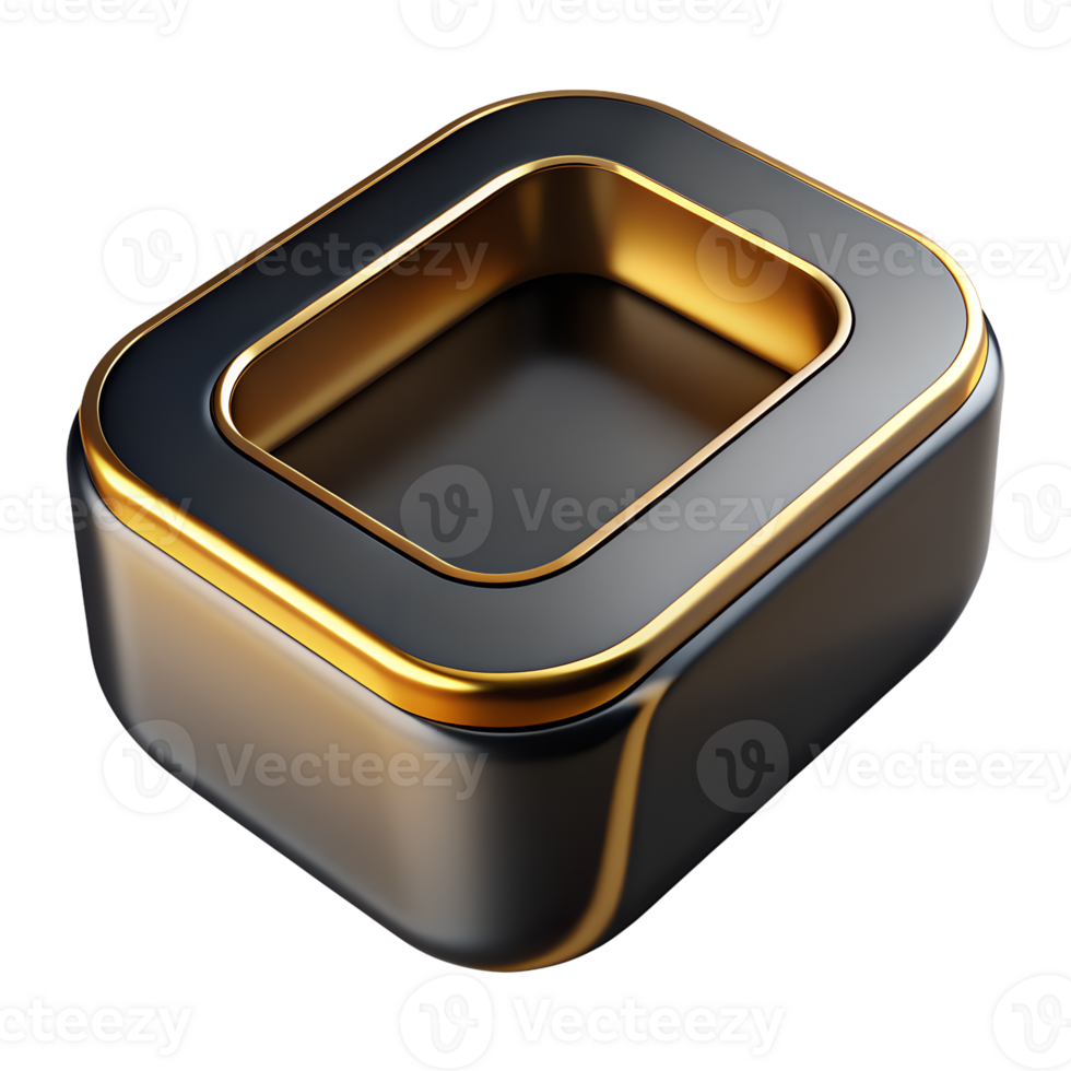 Modern 3D metallic gold and black square icon with hollow center, isolated on white background, suitable for technology and app design. png