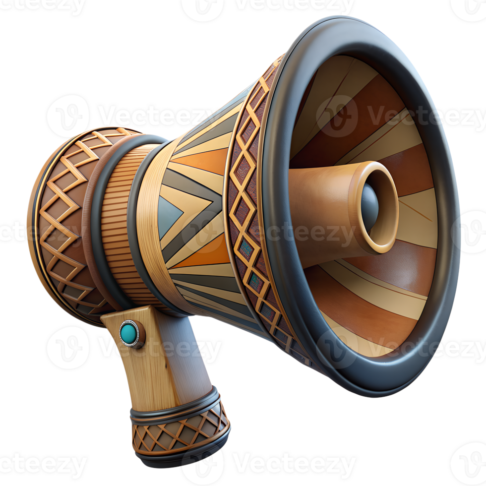 Colorful vintage megaphone with tribal patterns, isolated on a white background, symbolizing communication and cultural heritage. png