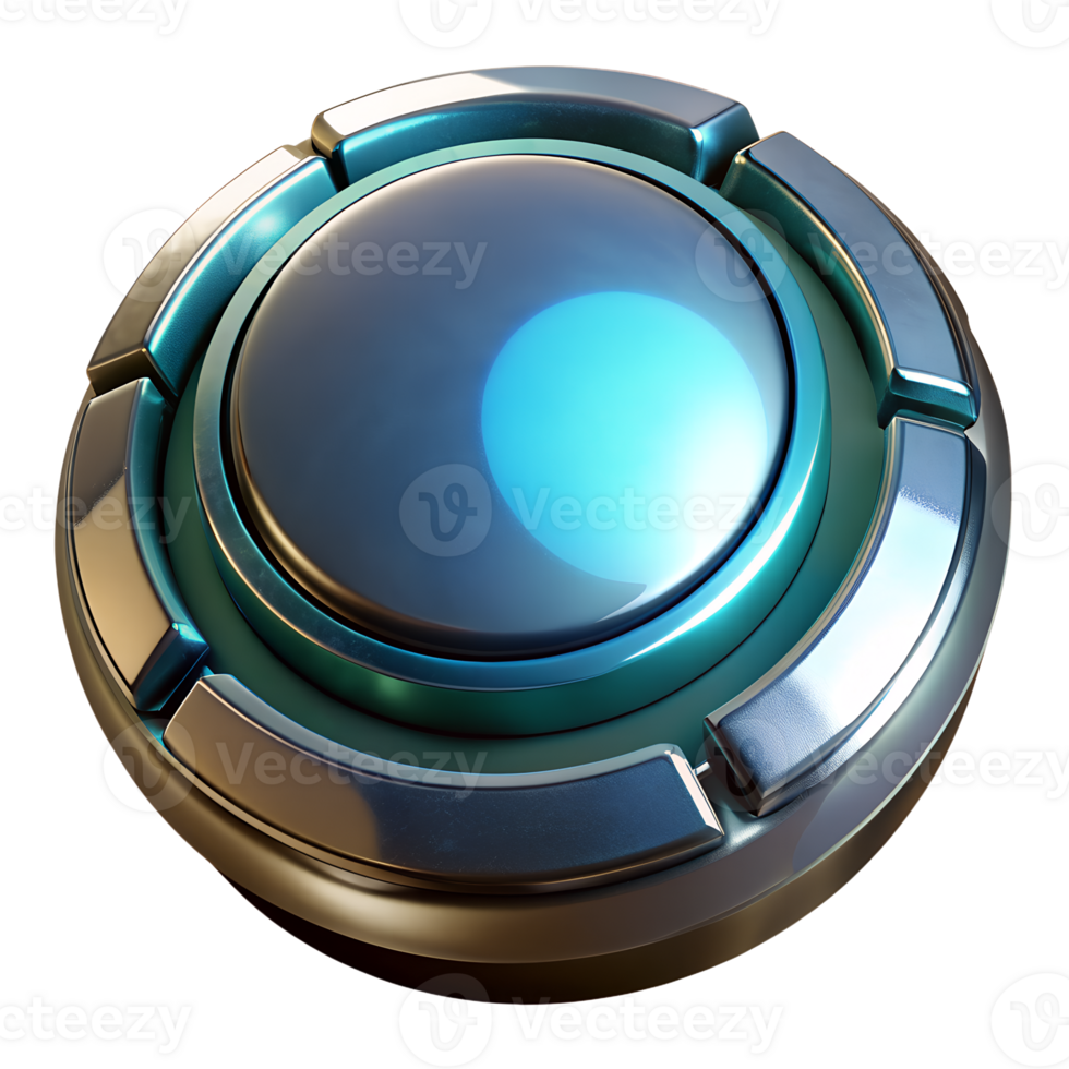 Futuristic glossy metallic button with blue light, round shape, silver edges. Ideal for technology interfaces, sci-fi designs, and UI elements. png