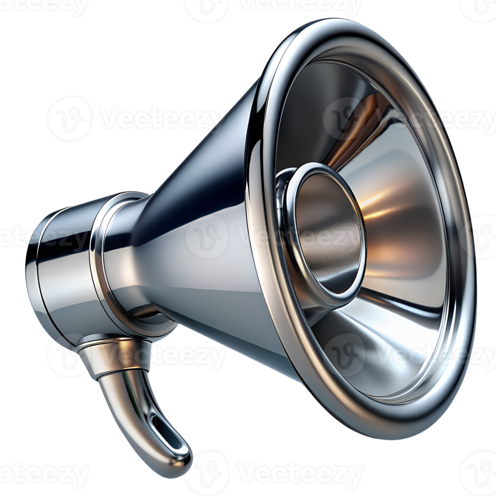Shiny metal loudspeaker icon in high resolution, representing communication, announcement, and audio technology in a sleek, modern design. png