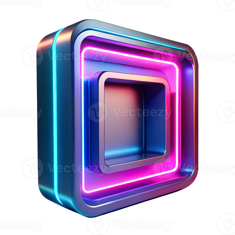 Vibrant 3D square icon with neon lights in gradient colors of pink and blue, isolated on a dark background. Modern and futuristic design. png