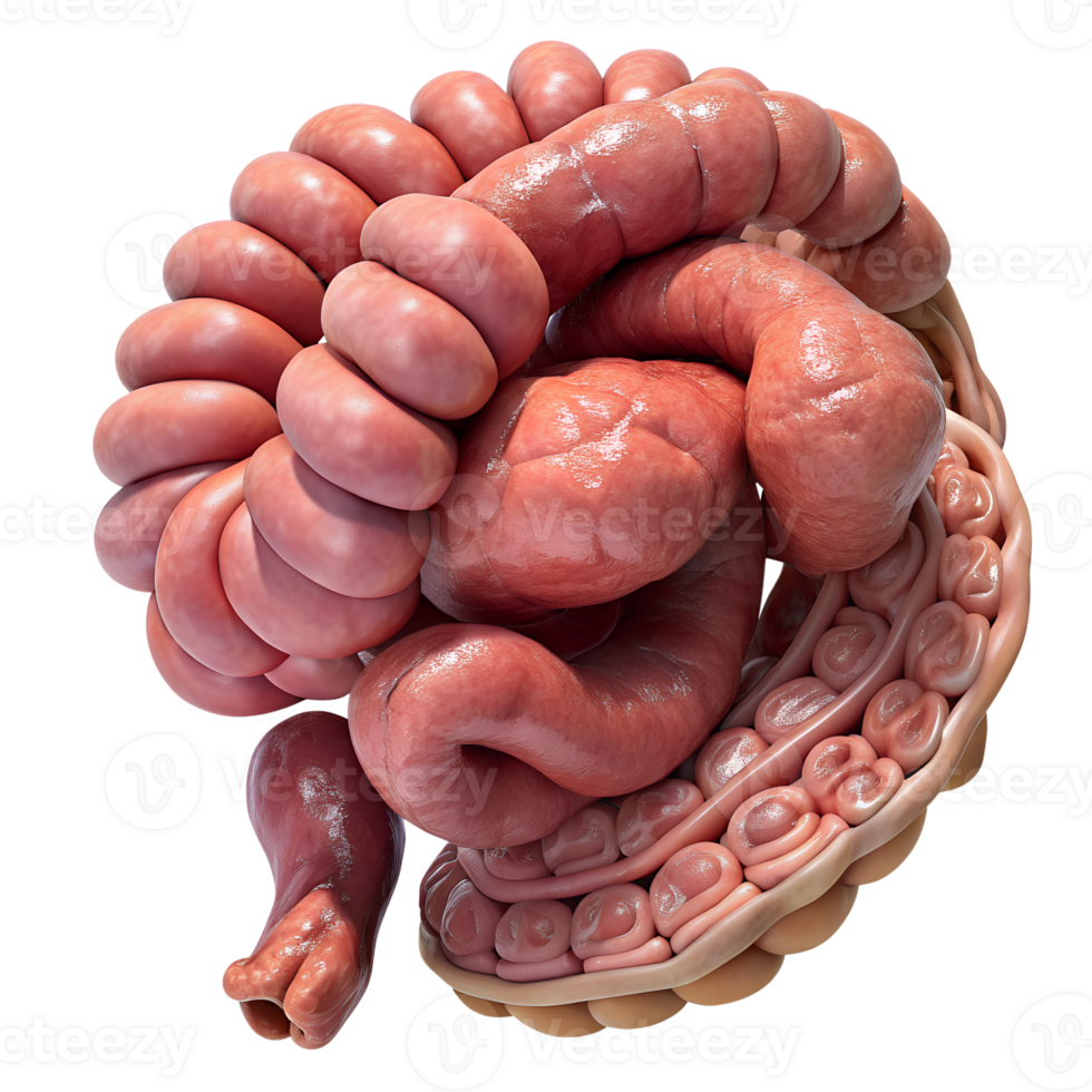 Detailed 3D rendering of the human digestive system highlighting the large and small intestines for medical or educational purposes. png