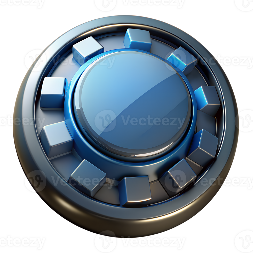 High-resolution illustration of a futuristic blue and silver circular button with intricate geometric details and modern design elements. png