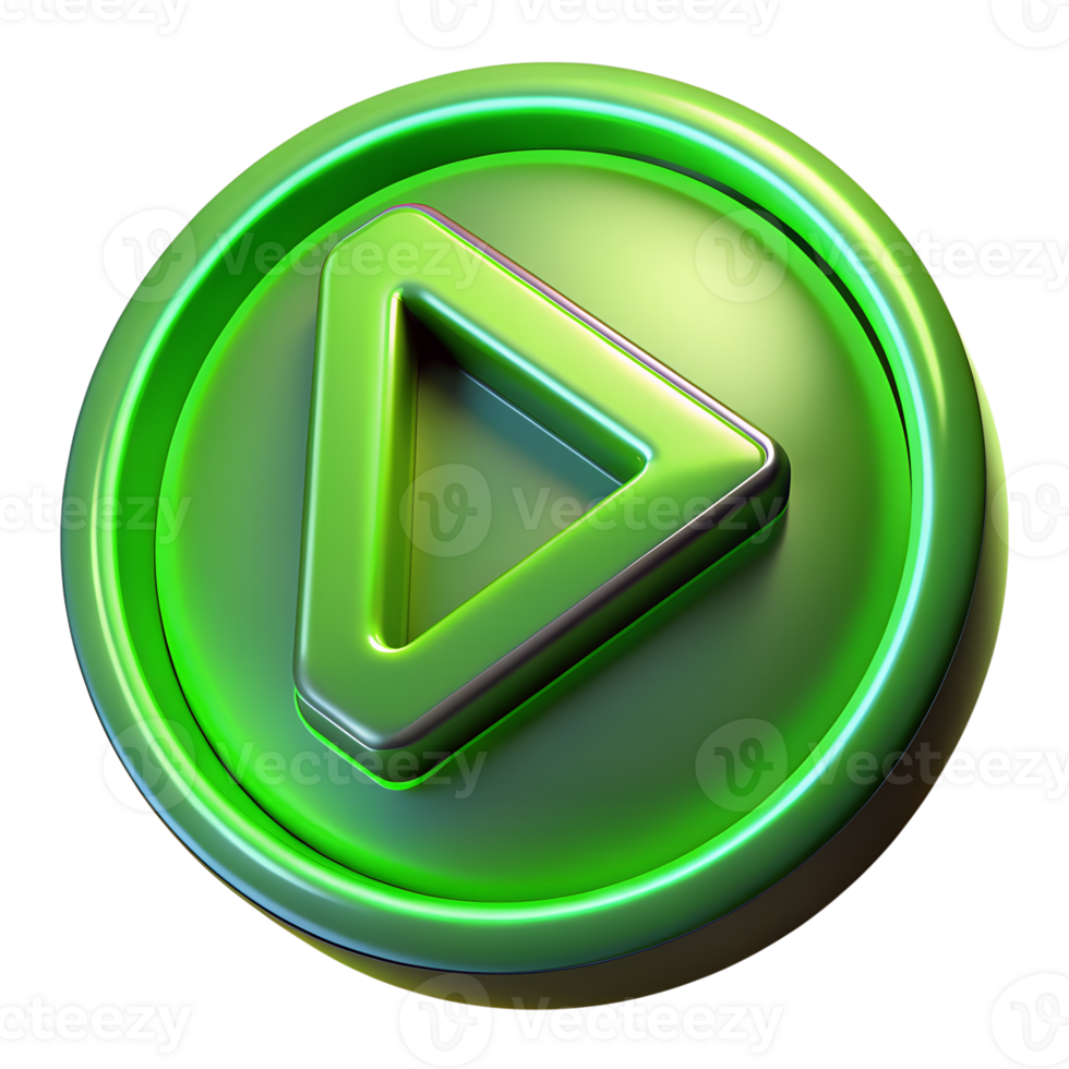 Green play button icon with a glossy, futuristic design. Perfect for multimedia, technology, UI elements, and app interfaces. png