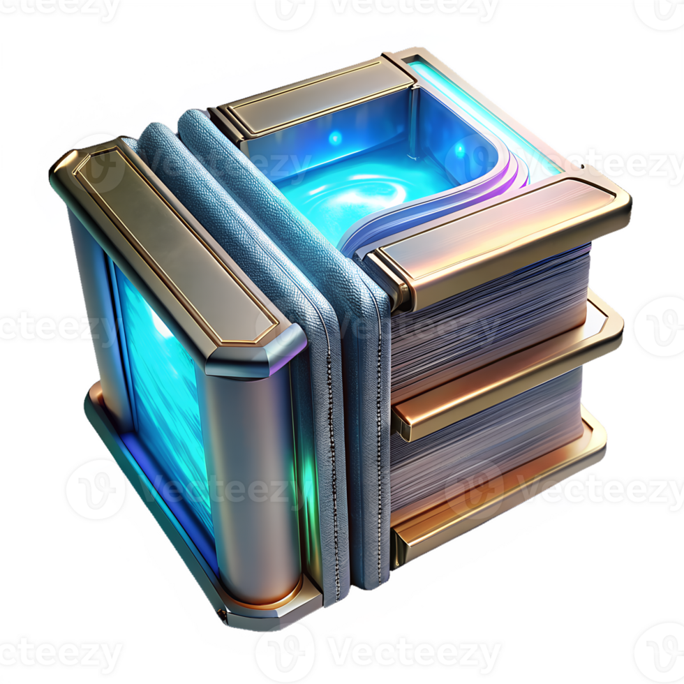 Futuristic glowing data block with metallic features and blue light emanation, representing advanced technology and data storage. png