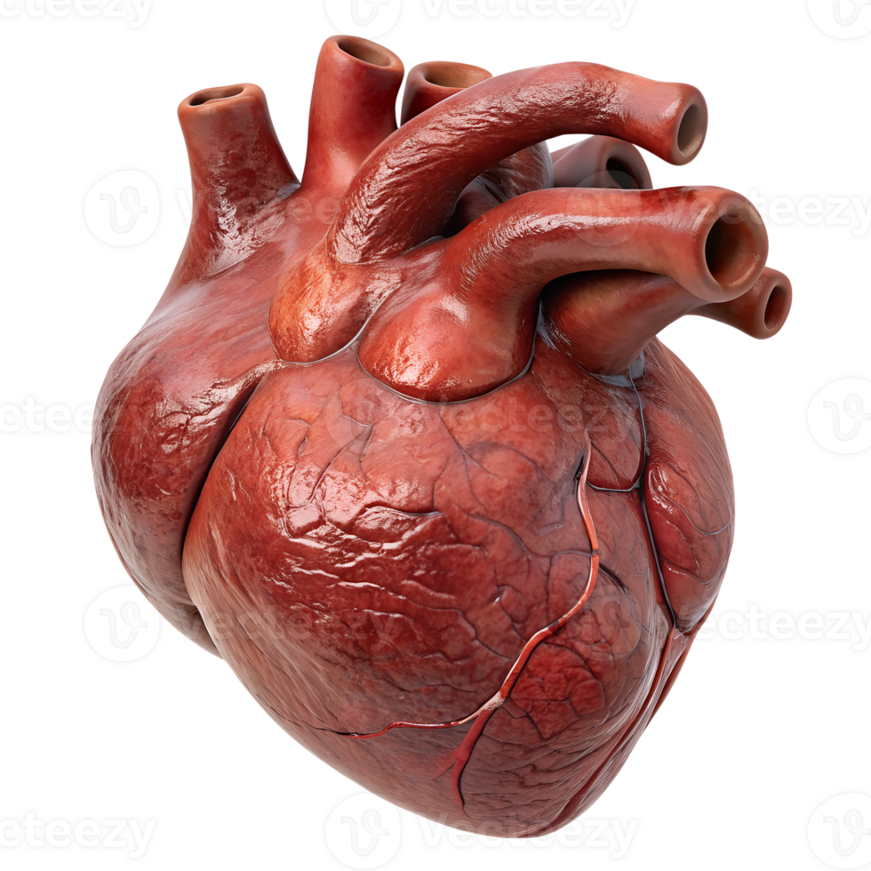 Detailed 3D rendering of a human heart showcasing anatomical structure, perfect for educational and medical use. png