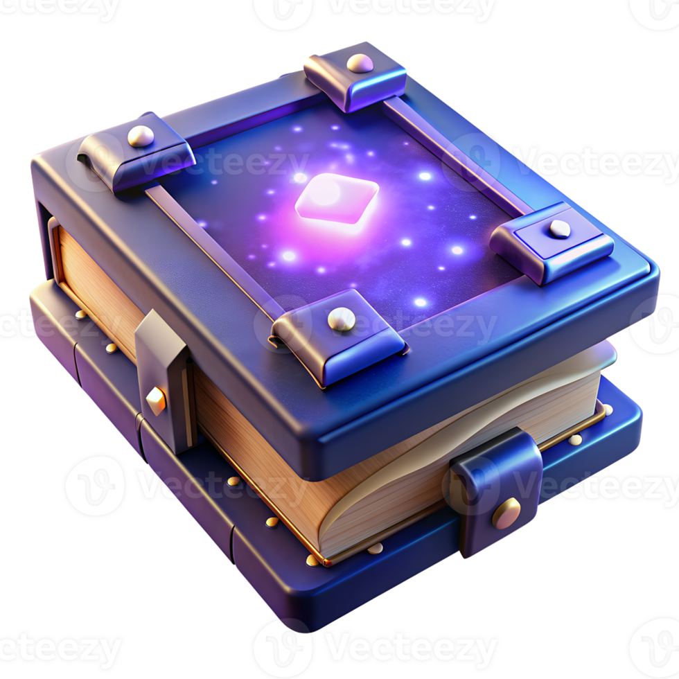 Magic book glowing with mystical energy. Fantasy-themed enchanted book illustration with a purple aura and metallic bindings. png