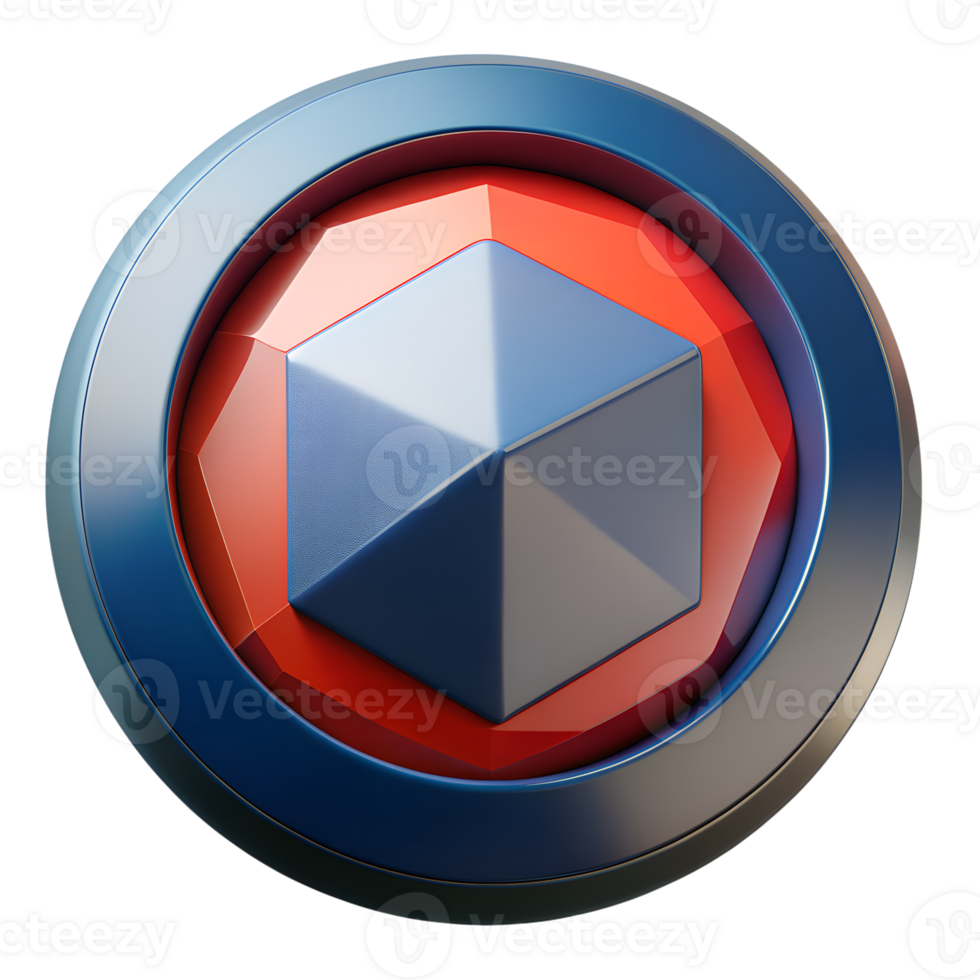 Geometric design, 3D hexagonal shape within circular frame, vibrant colors, modern art, and abstract symbol. Perfect for digital media. png