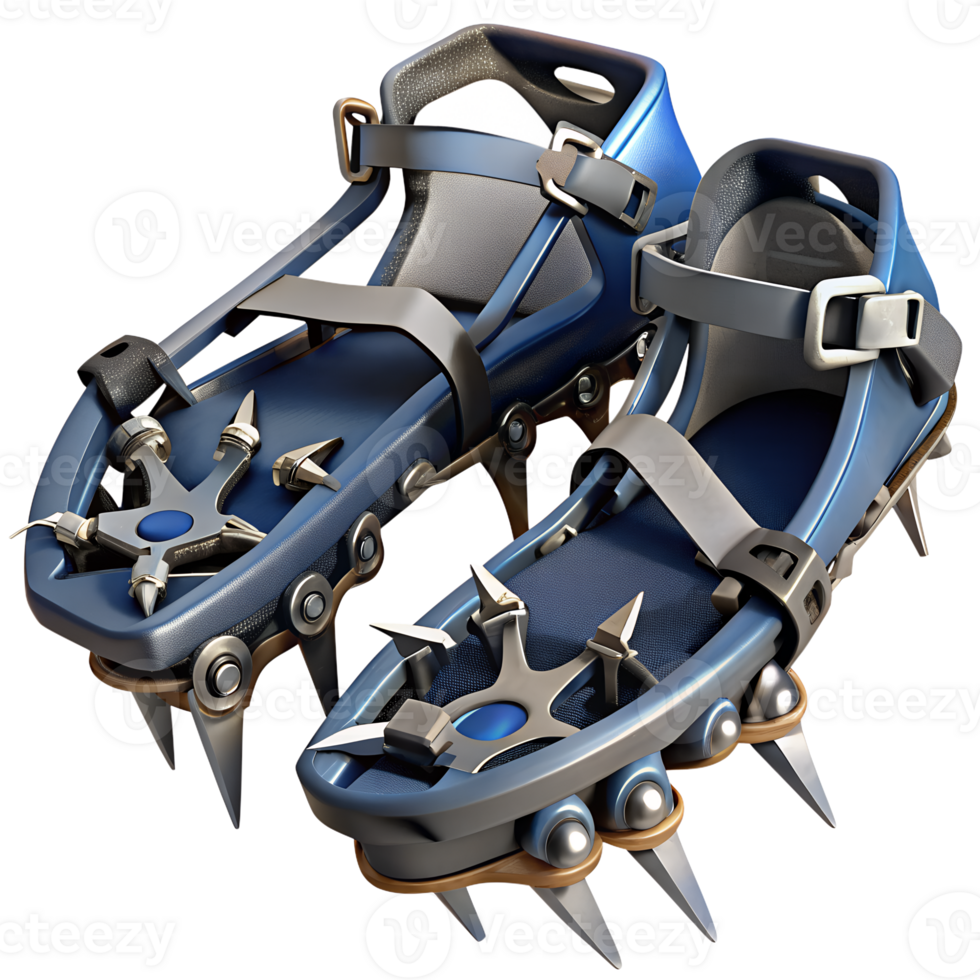 Pair of blue crampons with metal spikes and adjustable straps used for ice climbing and trekking in snowy and icy conditions. png