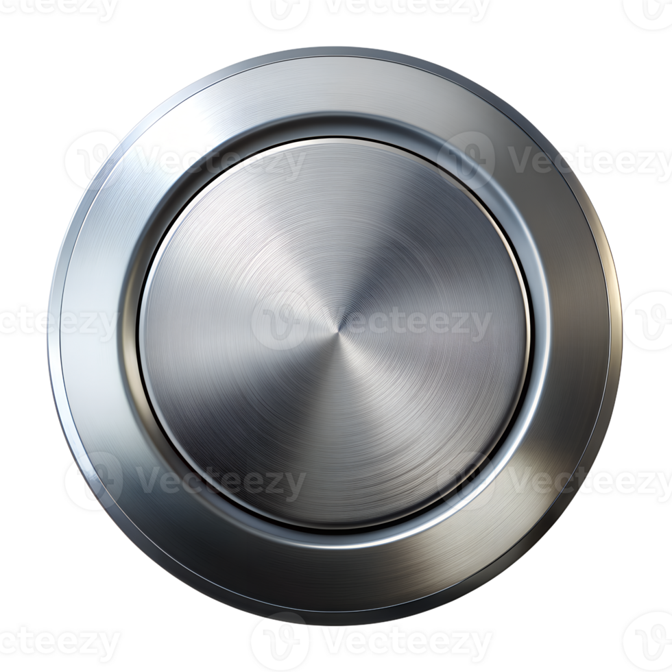 High-resolution image of a round metallic push button with a sleek, brushed finish, isolated on a white background. Ideal for technology designs. png