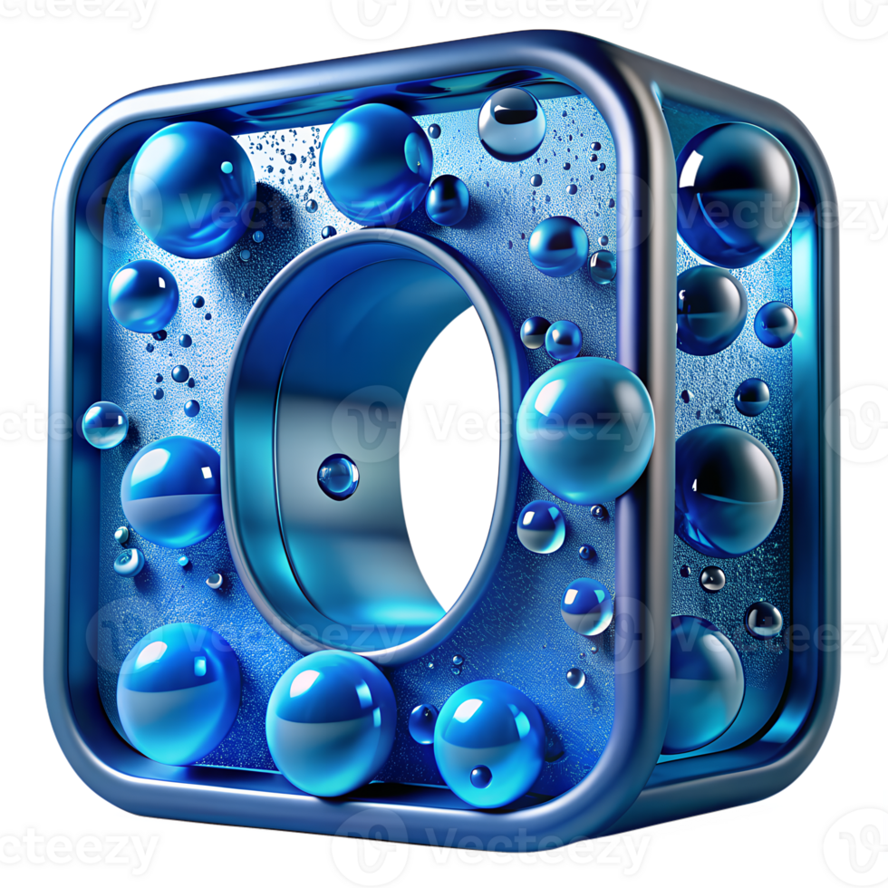 Futuristic blue metallic cube with water drops, abstract 3D rendering with a hollow center and bubbles, digital art for creative design projects. png