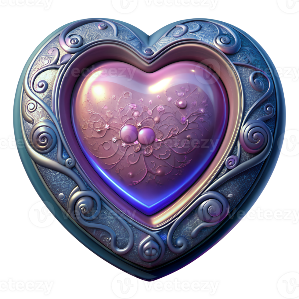 Intricate heart-shaped metallic ornament with a glowing centerpiece, featuring ornate swirls and floral patterns in a romantic design. png