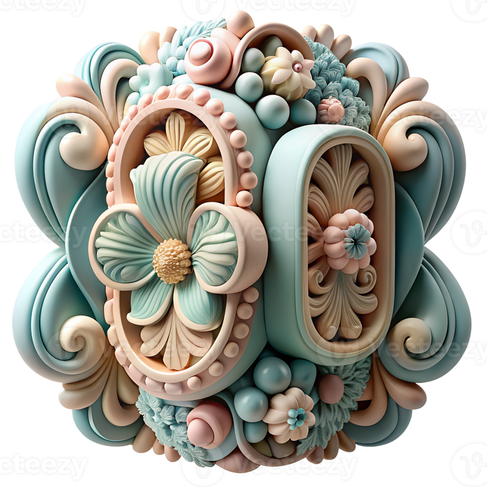 Intricate 3D rendered floral pattern with pastel colors, showcasing detailed decorative design elements and ornamental craftsmanship. png