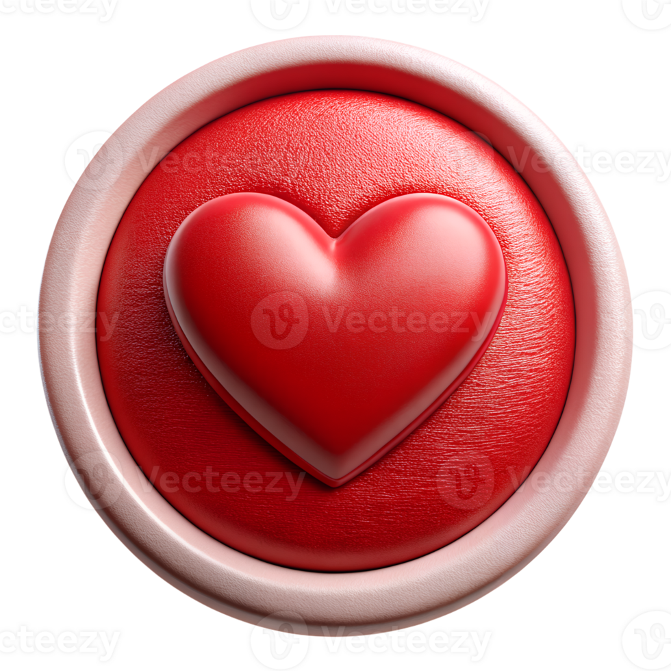 Red heart symbol on a round button, representing love, affection, and romance, isolated on a white background. png