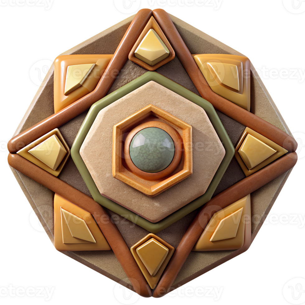 Intricate geometric mandala design with earthy tones, featuring hexagons and diamond shapes in a calming and balanced composition. png