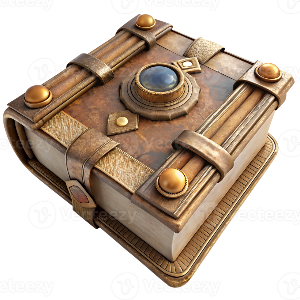 Intricately designed antique book with ornate brass fittings and a gemstone centerpiece. Perfect for fantasy and historical themed stock photos. png