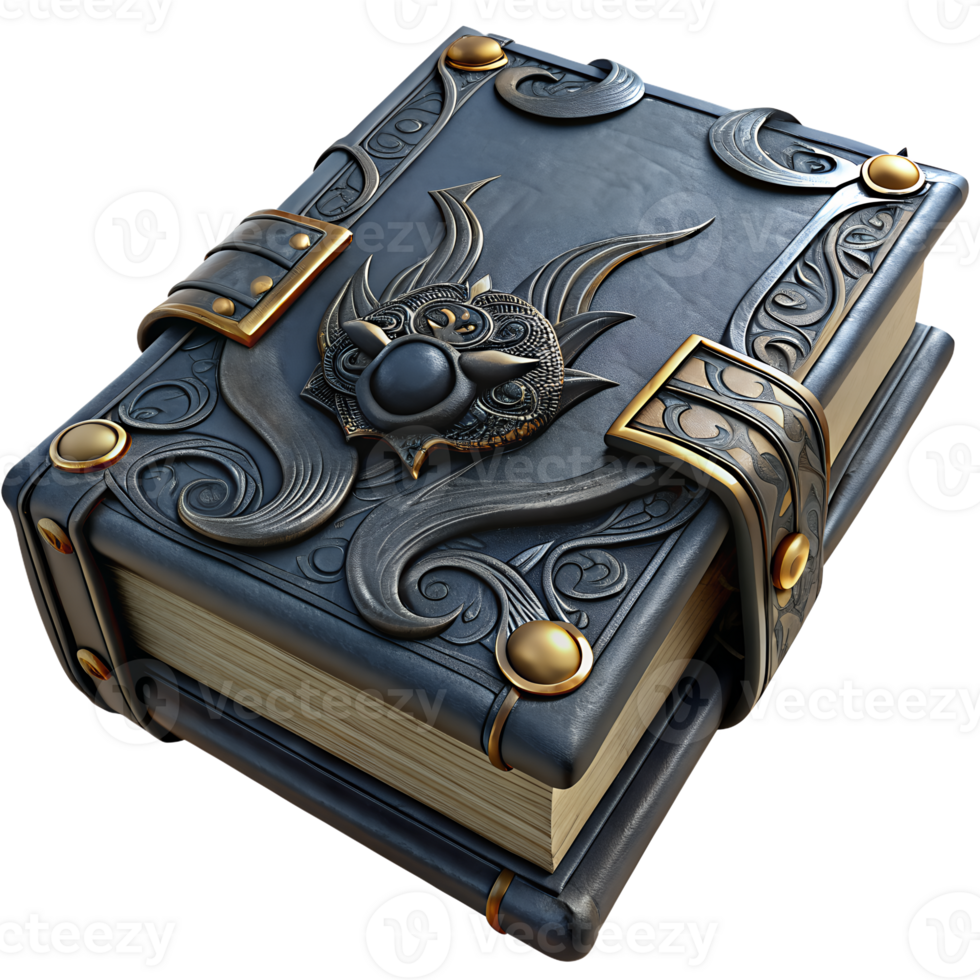 Ornate leather-bound book with intricate designs and metal clasps, evoking a fantasy or magical theme. png