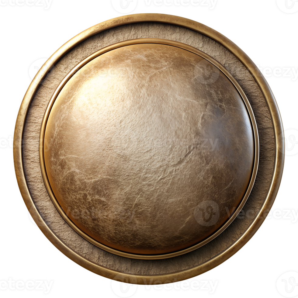 High-resolution image of a golden bronze shield with intricate details, perfect for use in medieval or fantasy-themed designs and projects. png