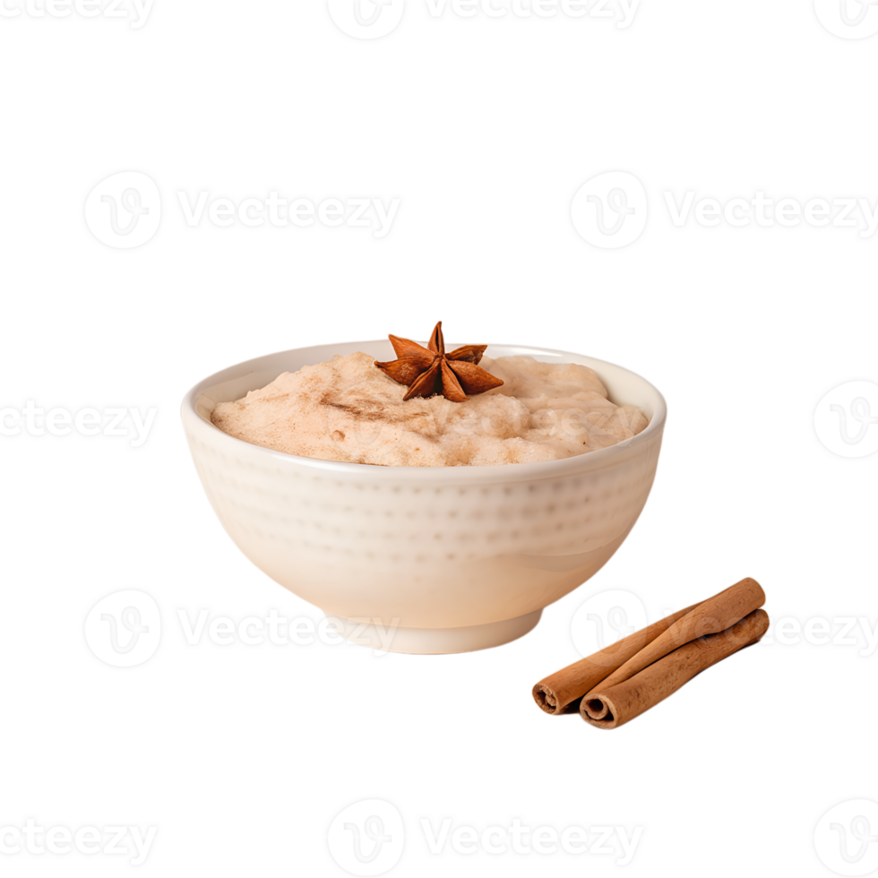 Delicious creamy rice pudding in a white bowl, garnished with star anise and cinnamon sticks. Perfect dessert for cozy moments. png