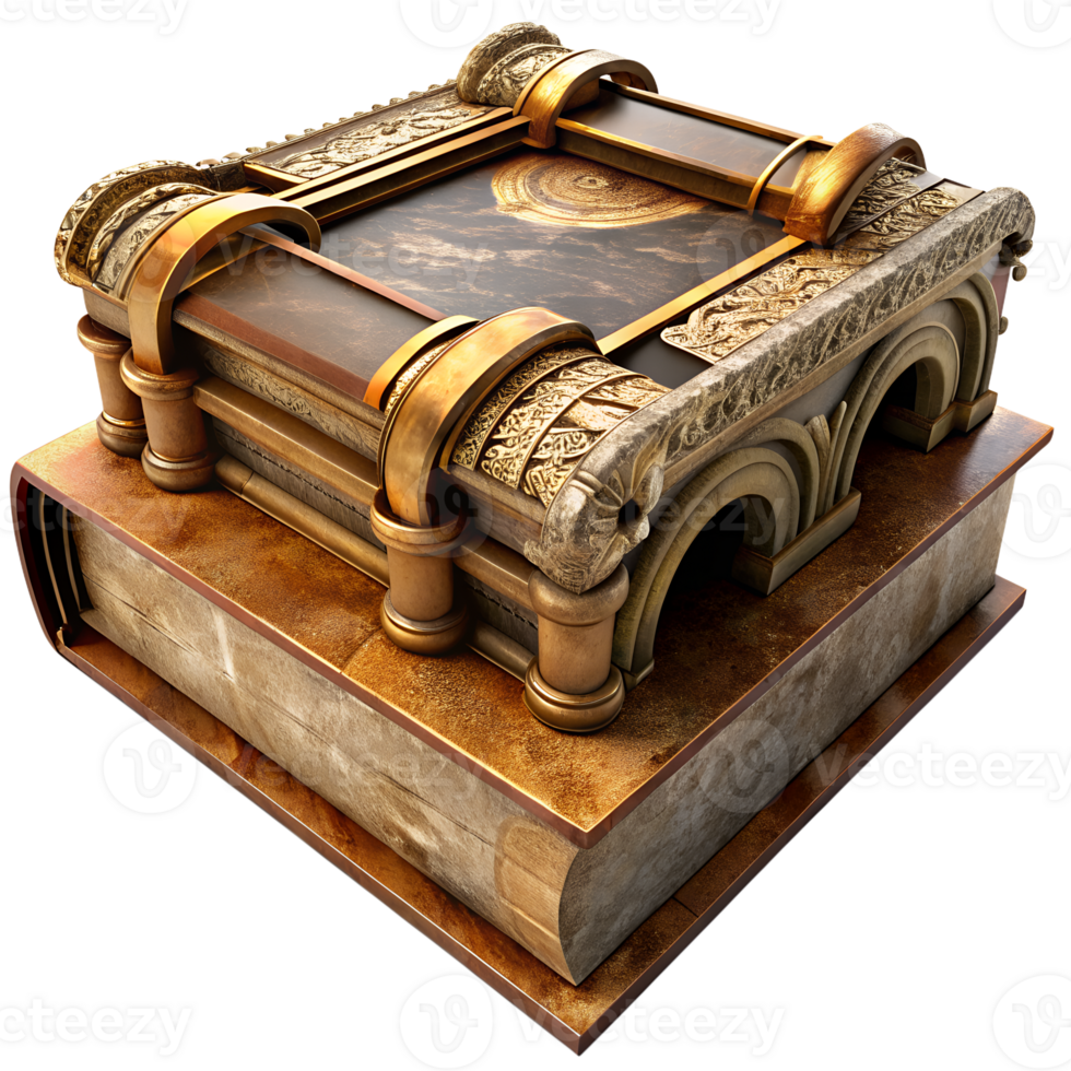 Vintage ornate book with golden embellishments and arch design, symbolizing historical knowledge and classic literature. png
