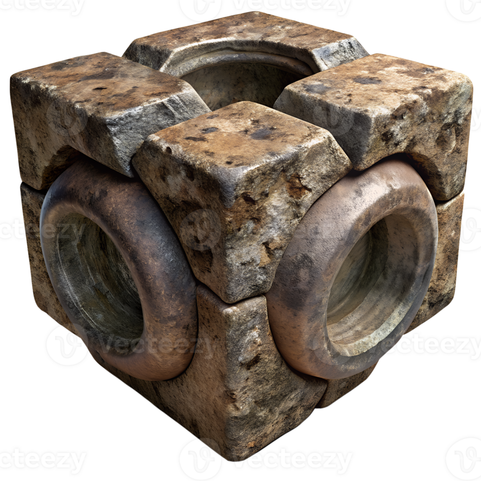 Intricate 3D geometric cube made from weathered stone and circular metal elements, showcasing a unique blend of materials. png