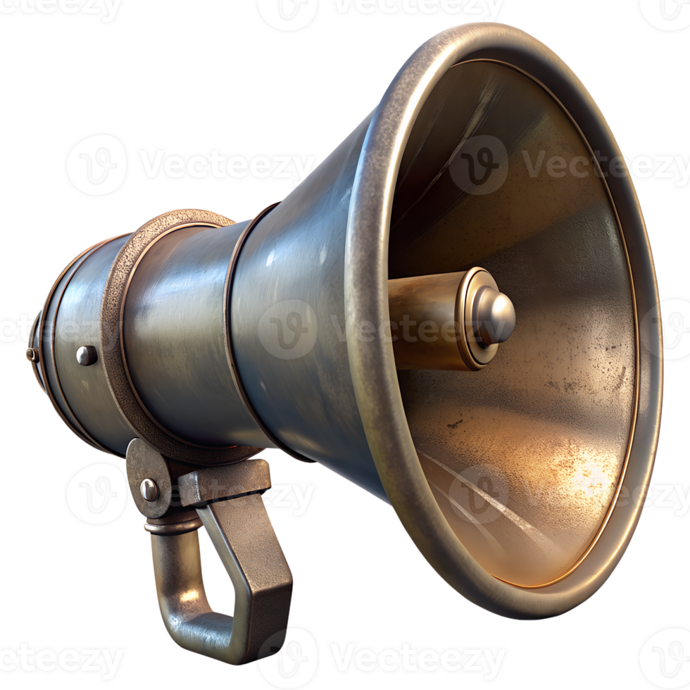 Vintage brass megaphone with a rustic patina, perfect for broadcasting, communication, and creating a nostalgic or retro ambiance. png