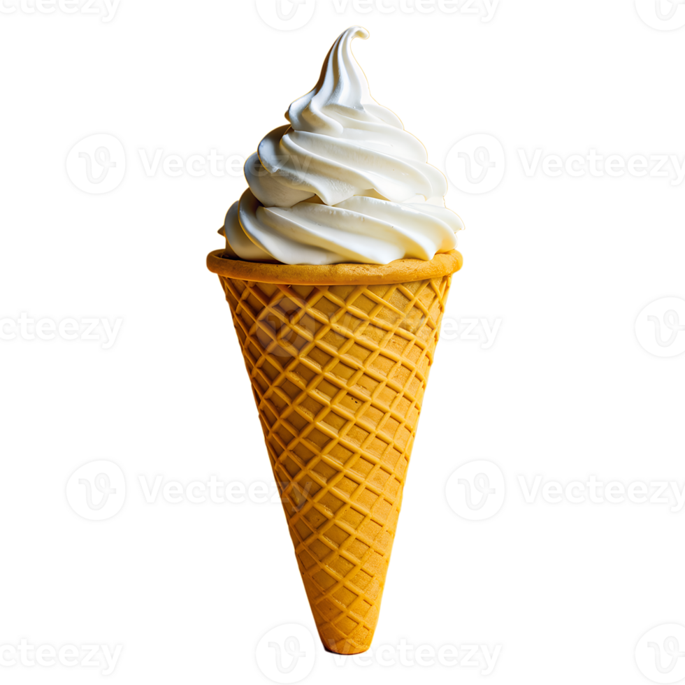 Close-up of a delicious vanilla soft serve ice cream cone with swirled creamy texture in a waffle cone against a white background. png