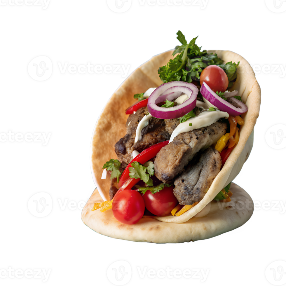 Delicious Greek gyro with grilled meat, fresh vegetables, and creamy sauce on a warm pita bread ready to eat. png