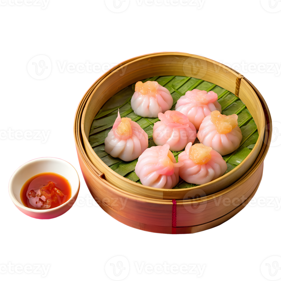 A beautiful arrangement of traditional Asian dumplings served in a bamboo steamer with a side of dipping sauce. png