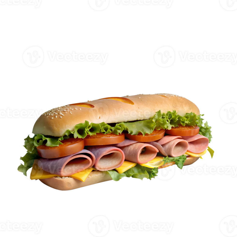 A delicious ham and cheese sandwich with fresh lettuce and tomato on a sesame seed bun, perfect for a tasty lunch or snack. png