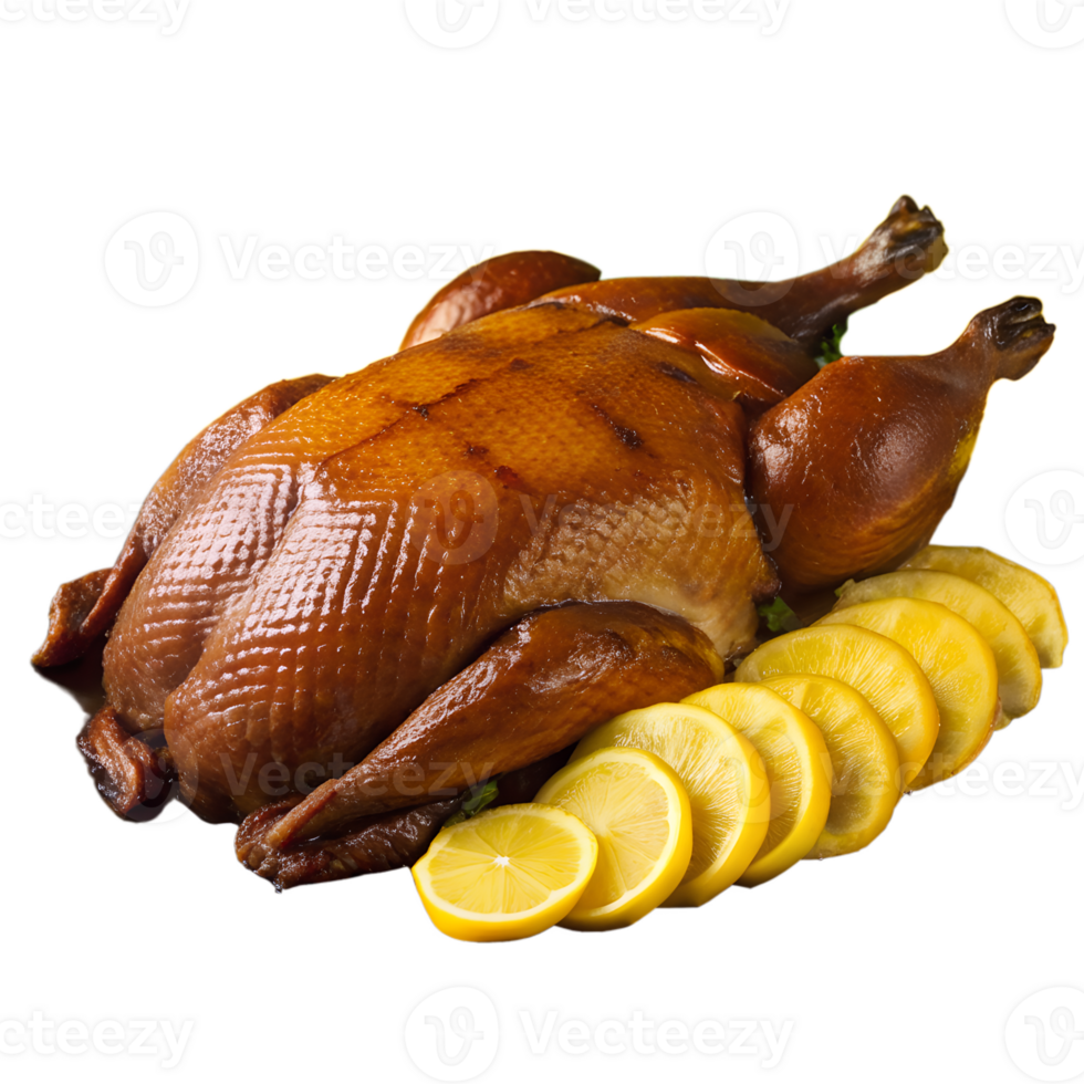 A beautifully roasted whole duck garnished with sliced lemons, perfect for a delicious and elegant meal centerpiece. png