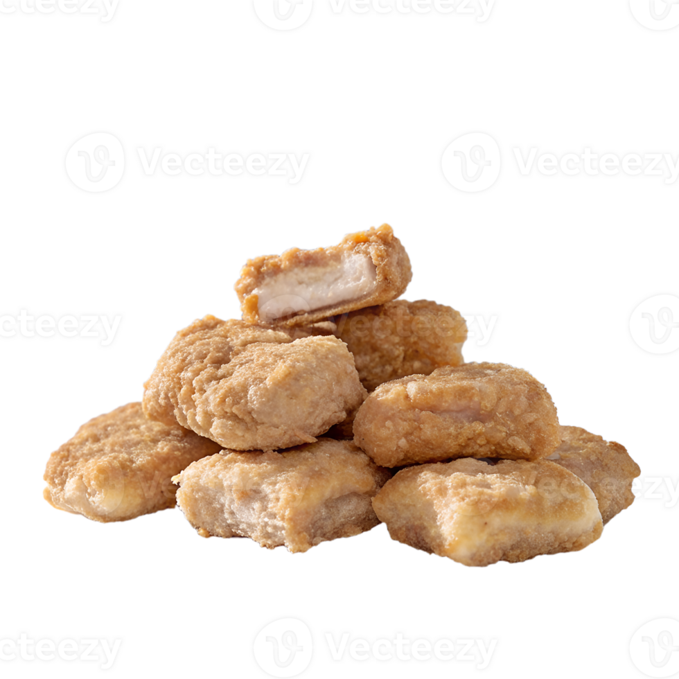 A pile of crispy, golden-brown chicken nuggets stacked on a white background. Perfect for illustrating fast food, snacks, and appetizers. png