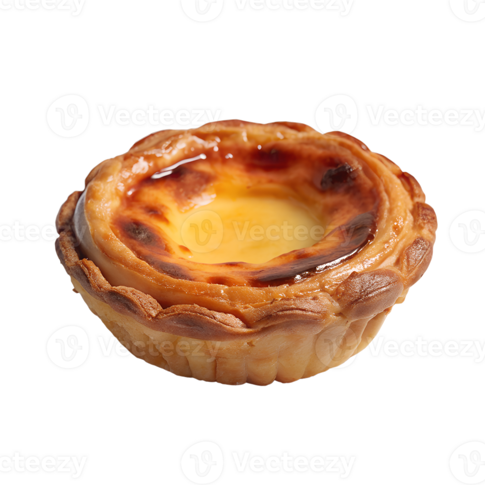A delicious, freshly baked Portuguese egg tart with a flaky crust and creamy custard, perfect for dessert or a sweet snack. png