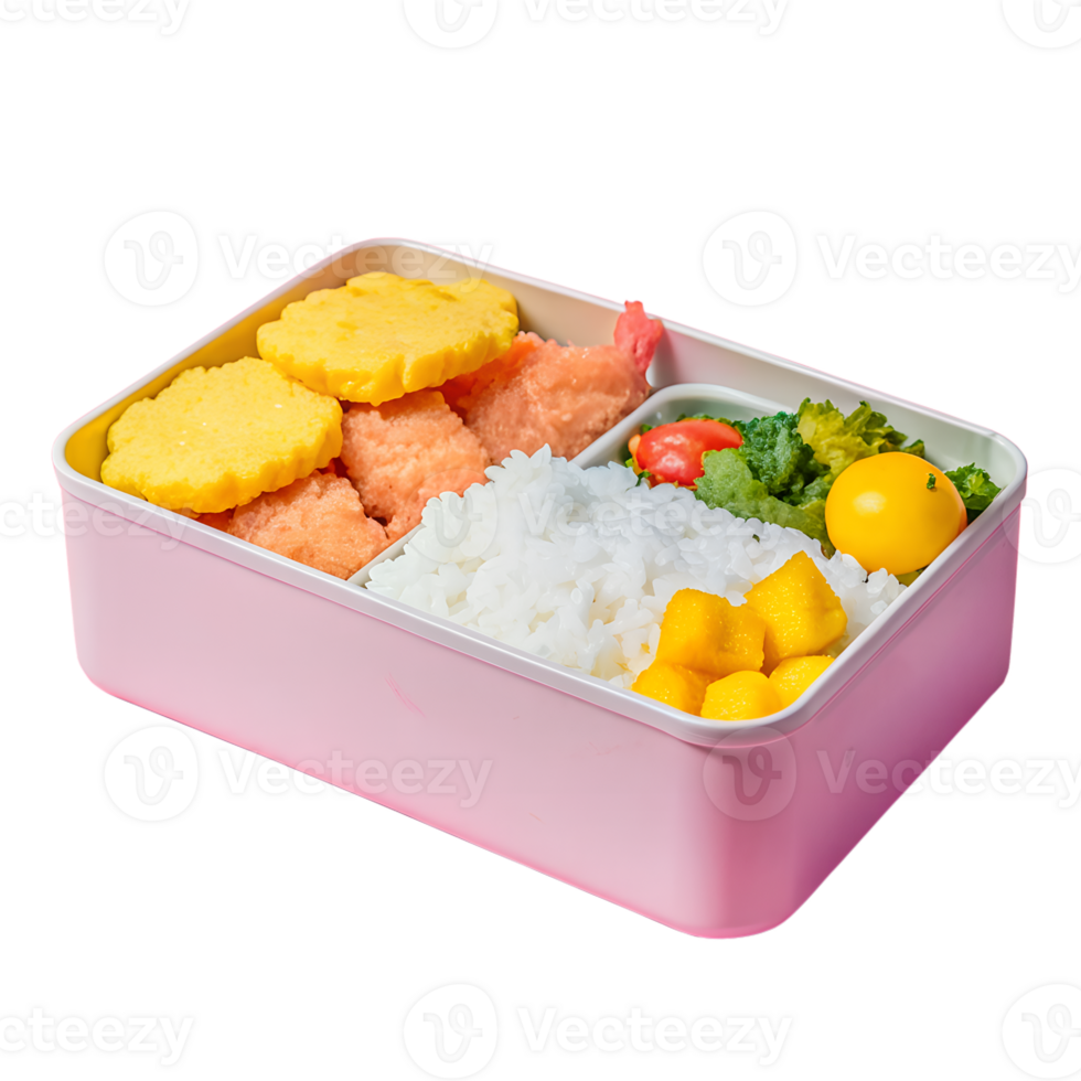 A colorful bento box with rice, vegetables, and fruit in a pink container, perfect for a healthy and balanced meal on the go. png