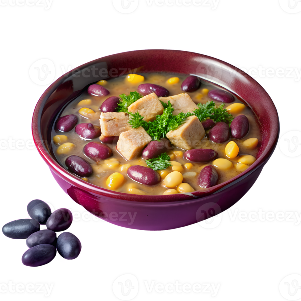 A delicious and colorful bowl of bean soup, featuring kidney beans, corn, and tofu cubes garnished with parsley, presented in a burgundy bowl. png