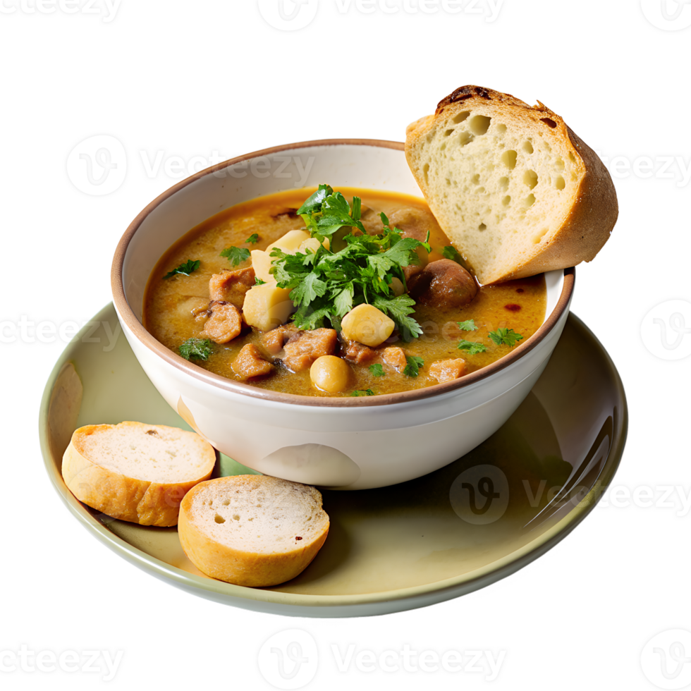 A hearty bowl of creamy soup garnished with herbs, served with fresh bread slices on a plate. Perfect for a cozy meal. png