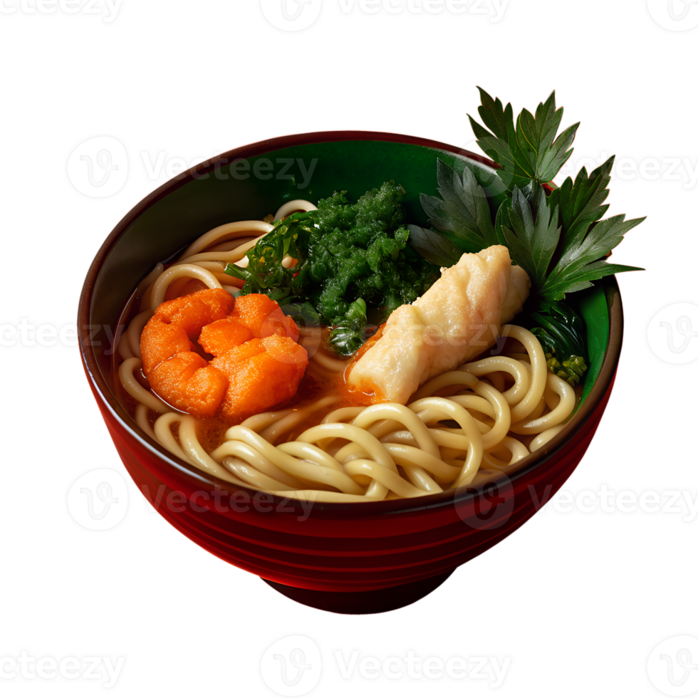 Delicious bowl of udon noodles with shrimp, vegetables, and fish, beautifully served in a red bowl, capturing Japanese cuisine at its finest. png