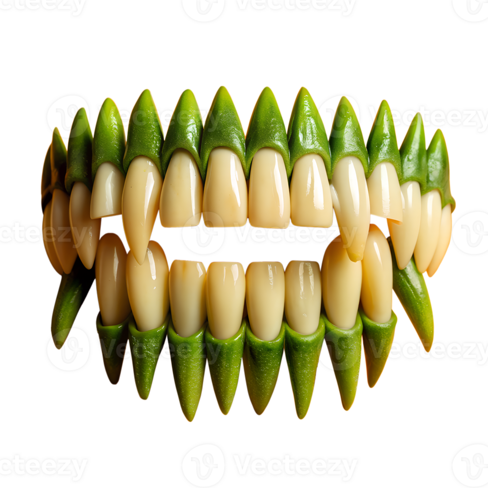 A creative and surreal image of human teeth combined with green plant elements, creating an intriguing visual concept. png