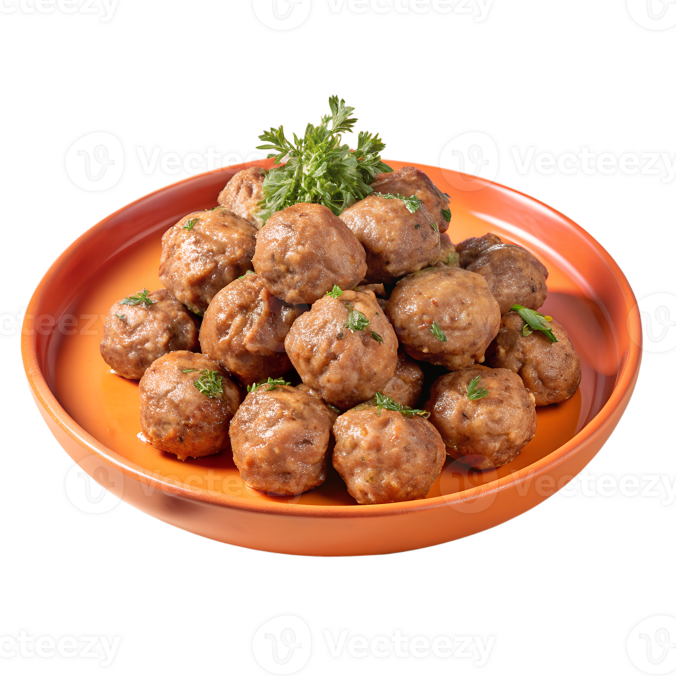 A delicious plate of homemade meatballs garnished with fresh parsley on an orange plate, perfect for culinary and food-themed projects. png