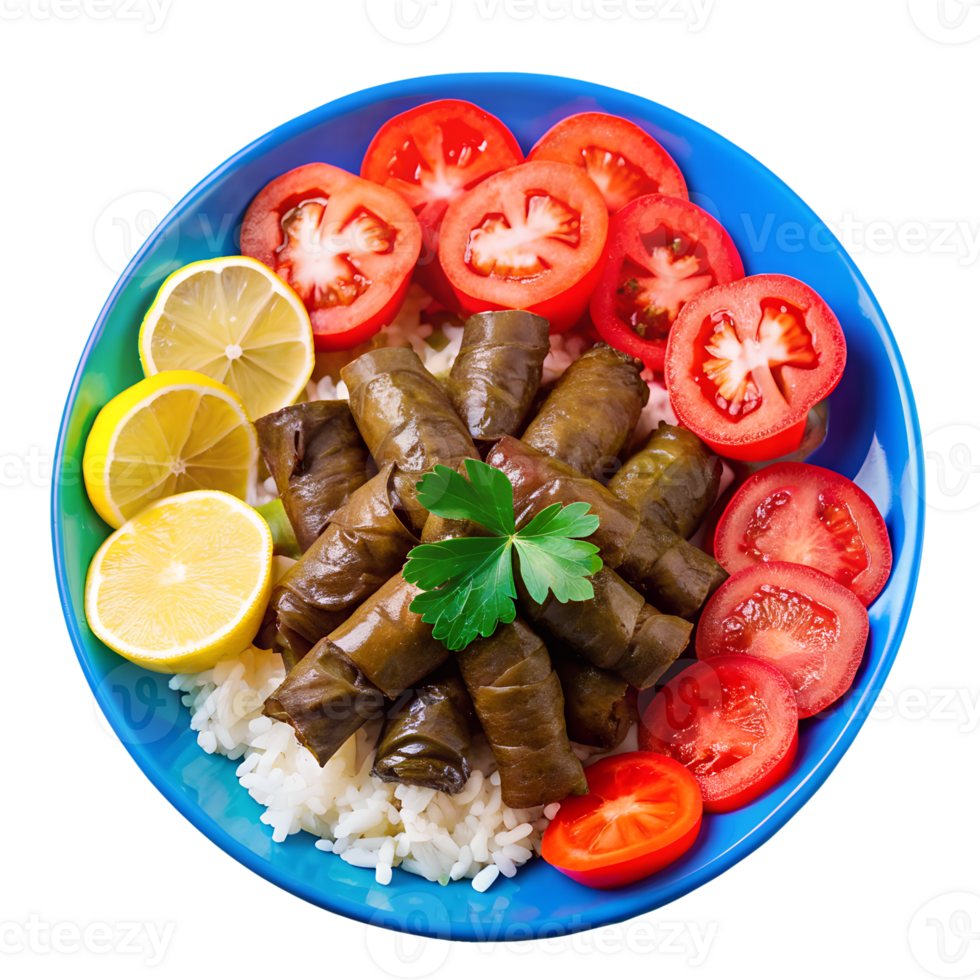 A delicious dish of stuffed grape leaves with rice garnished with tomatoes, lemon slices, and parsley on a vibrant blue plate. png