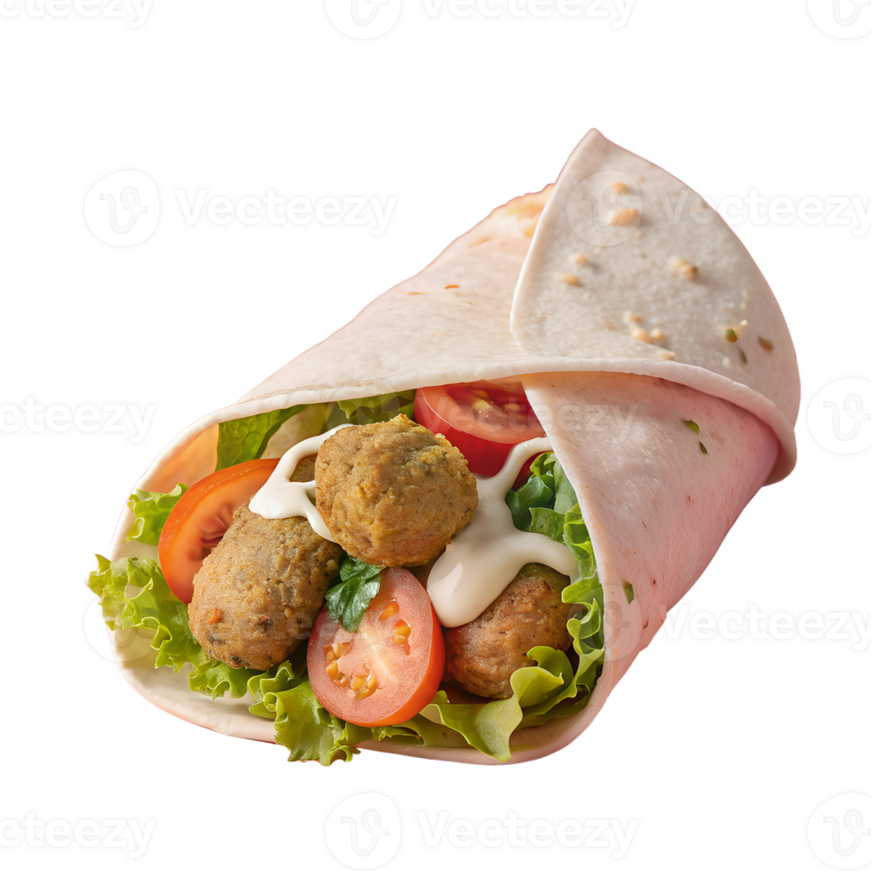 Delicious falafel wrap with fresh vegetables, creamy sauce, and soft tortilla, perfect for a quick and tasty meal. png