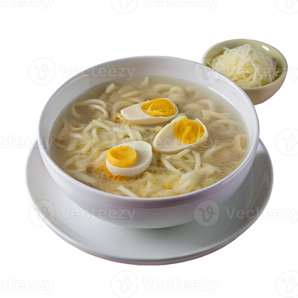 ein Schüssel von Nudel Suppe mit gekocht Eier, garniert mit geschreddert Käse, serviert mit ein Seite Schüssel von zusätzlich Käse. png