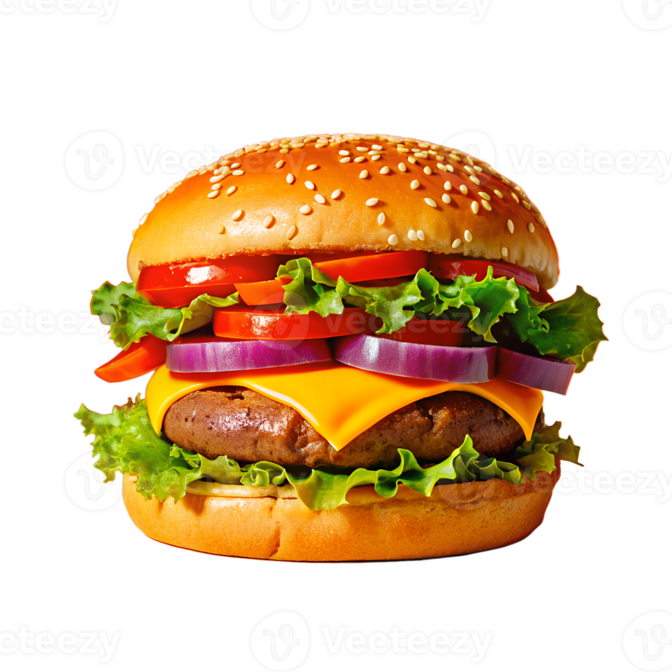 Delicious cheeseburger with lettuce, tomato, red onion, and cheese on a sesame seed bun, perfect for food advertisements and cafe menus. png
