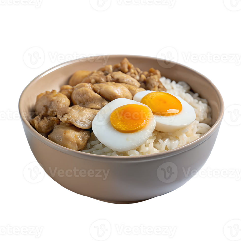 Delicious bowl of rice topped with tender chicken pieces and two boiled egg halves, perfect for a hearty and nutritious meal. png