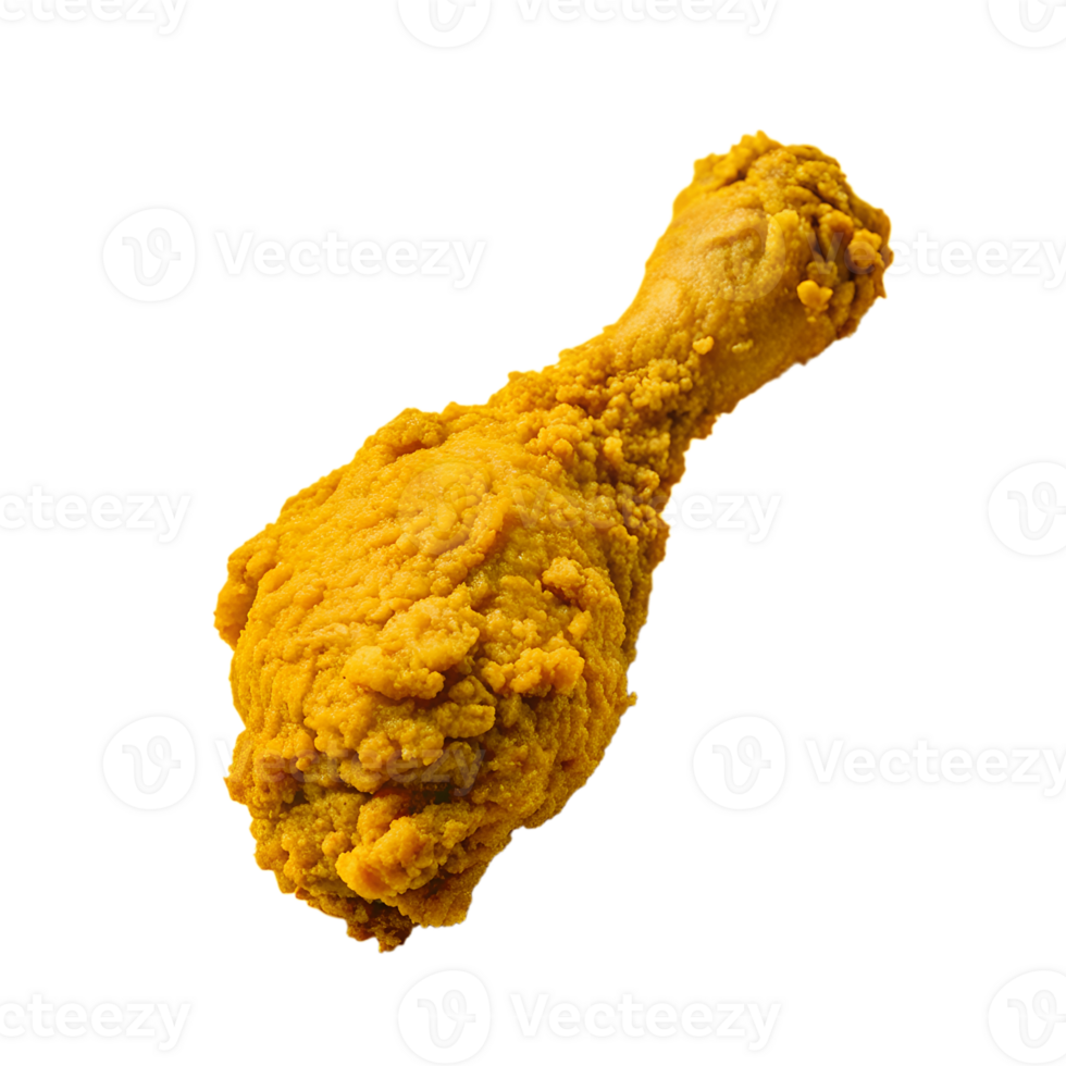 Crispy golden brown fried chicken drumstick isolated on white background, delicious and appetizing fast food item. png